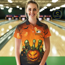 Load image into Gallery viewer, Custom Orange Bowling Team Shirt for Women Funny Pumkin Bowling Jersey Halloween QZT774