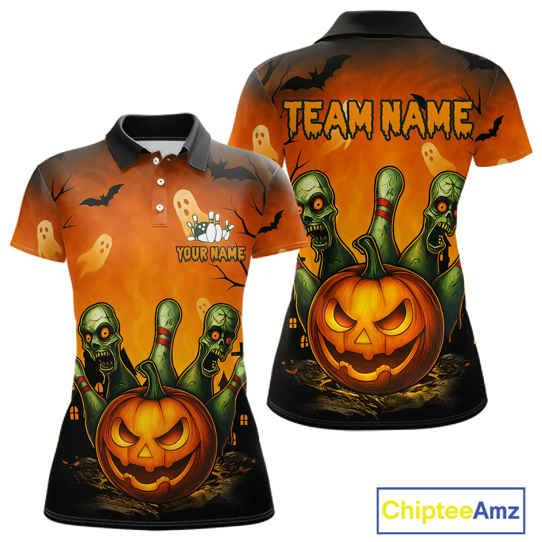 Custom Orange Bowling Team Shirt for Women Funny Pumkin Bowling Jersey Halloween QZT774