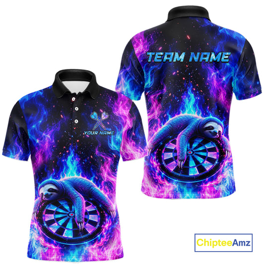 Front and back views of a short-sleeve polo shirt featuring a vibrant cosmic nebula design in blue, purple, and pink, with a coiled snake wrapping around a dartboard. The front has a small custom bird logo and placeholder text 'YOUR NAME', while the back displays 'TEAM NAME' in blue.