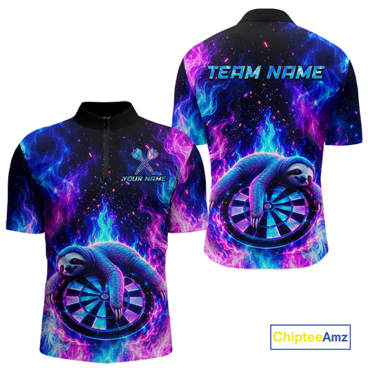 Front and back views of a short-sleeve quarter-zip jersey featuring a vibrant cosmic nebula design in blue, purple, and pink, with a coiled snake wrapping around a dartboard. The front has a small custom bird logo and placeholder text 'YOUR NAME', while the back displays 'TEAM NAME' in blue