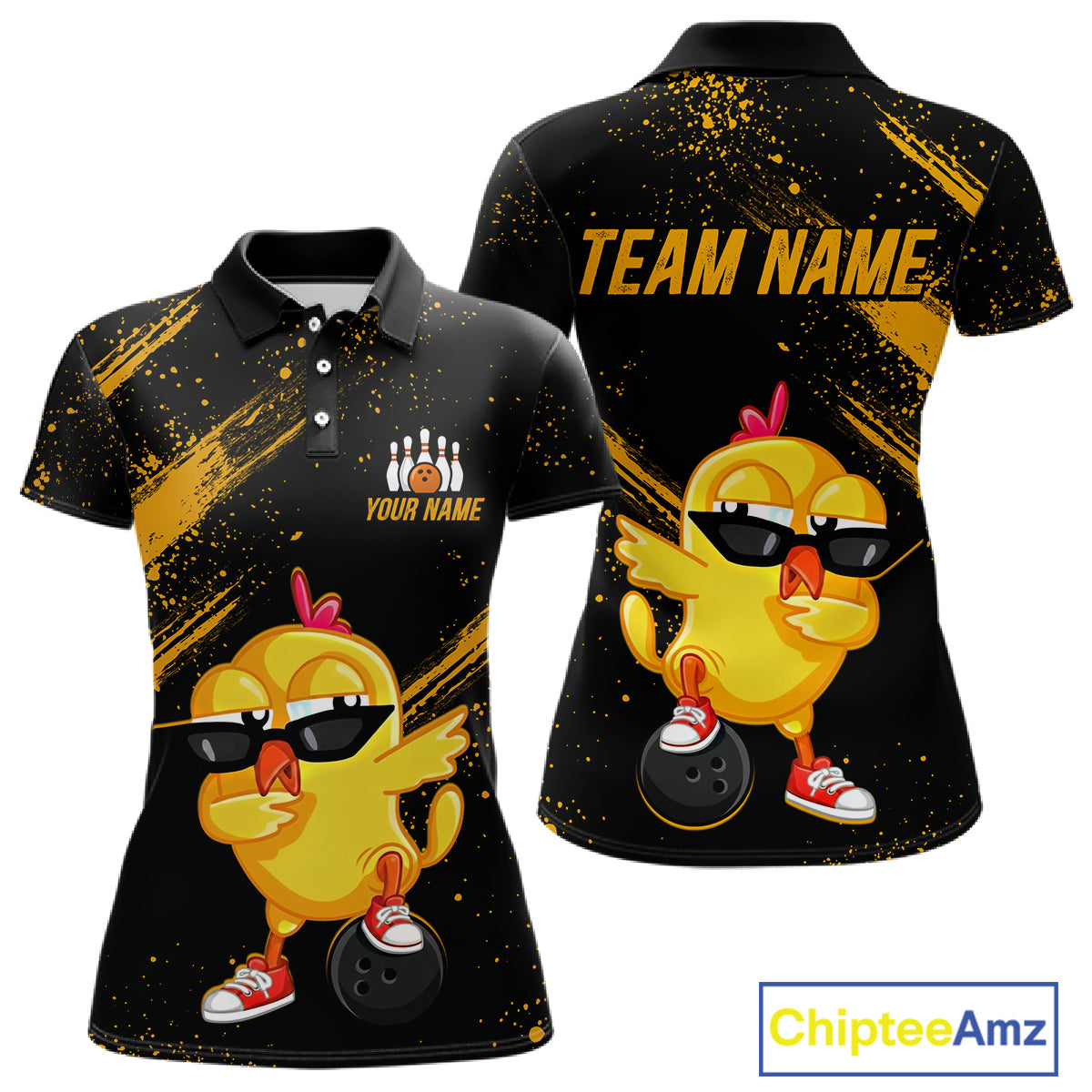 Funny Yellow Chicken Bowling Shirt Custom Polo & 1/4-Zip Bowling League Jersey for Women QZT856