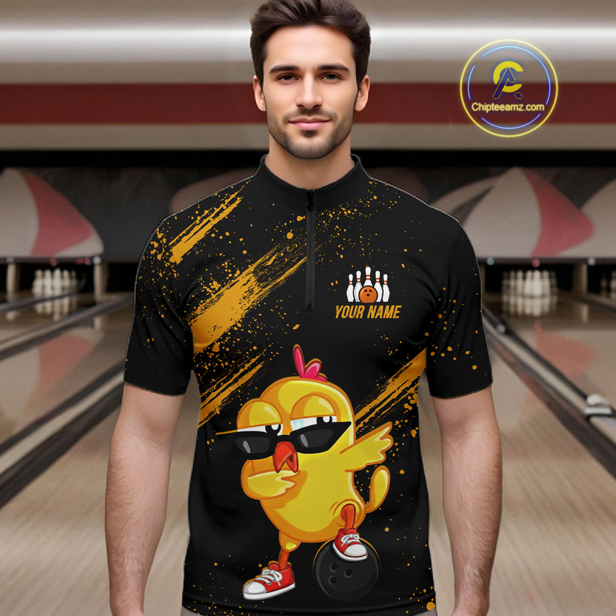 Funny Yellow Chicken Bowling Shirt Custom Polo & 1/4-Zip Bowling League Jersey for Men QZT856