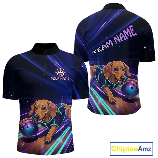 Neon Funny Dachshund Bowling Shirt Custom Bowling Team Jersey for Men Polo & Quarter-Zip Bowling Outfit QZT940
