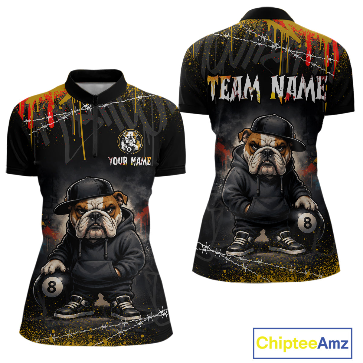 Front and back views of a women's short-sleeve quarter-zip jerseys with a custom funny hip hop bulldog graphic design. The shirt features a bulldog holding an 8-ball on the front, and 'YOUR NAME' with placeholder text on the front, 'TEAM NAME' with placeholder text on the back.