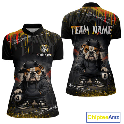 Front and back views of a women's short-sleeve quarter-zip jerseys with a custom funny hip hop bulldog graphic design. The shirt features a bulldog holding an 8-ball on the front, and 'YOUR NAME' with placeholder text on the front, 'TEAM NAME' with placeholder text on the back.