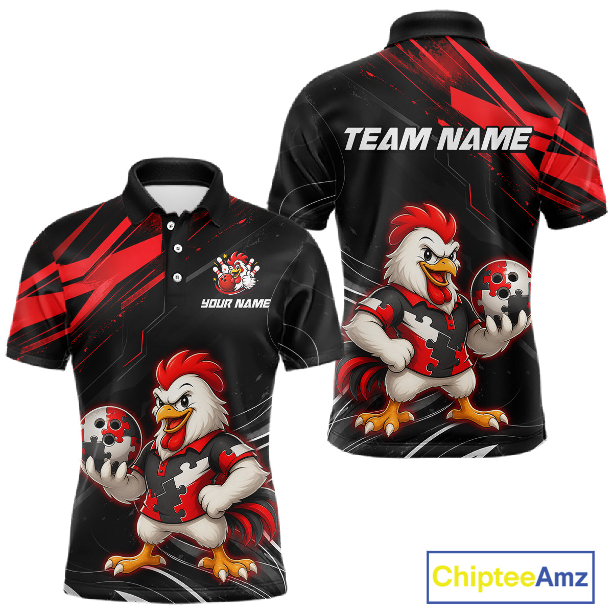 Custom Red Funny Autism Chicken Bowling Shirt for Men Bowling League Jersey Polo & Quarter-Zip QZT1018