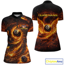 Load image into Gallery viewer, Orange Flame Billiard Shirt for Women Custom Wings 8 Ball Billiard Jersey Polo &amp; 1/4 Zip Billiard Outfit BHT9