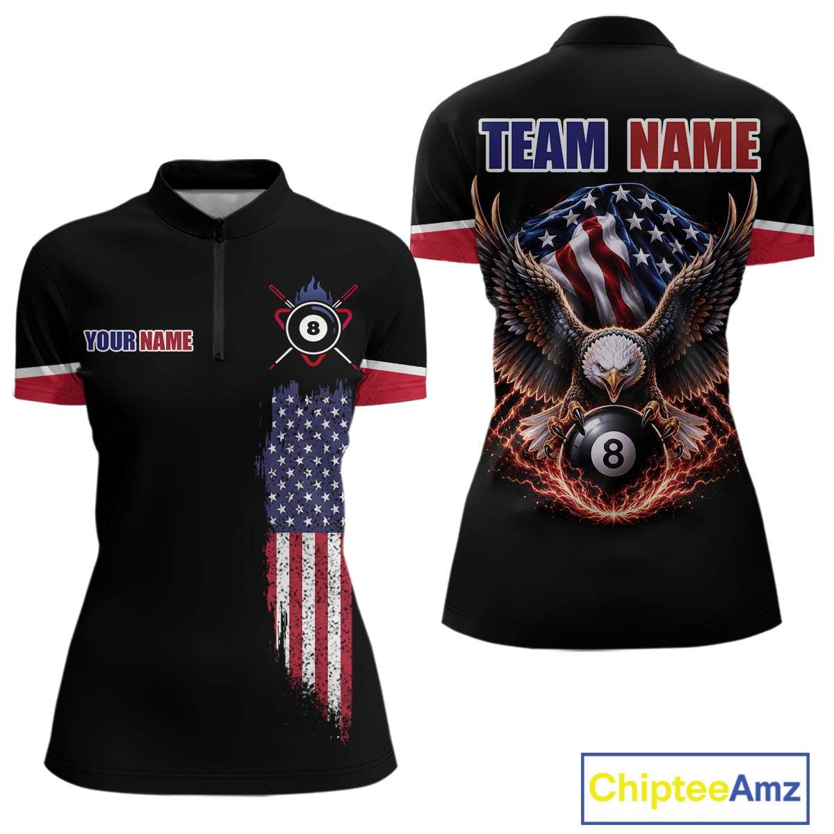 Custom American Flag Black Eagle Billiards Shirt for Women 8 Ball Pool Team Jersey Billiard Gift BHT100