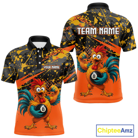 Custom Orange Funny Chicken Billiard Shirt, 8 Ball Pool Team Jersey for Men, Polo & 1/4 Zip BHT106