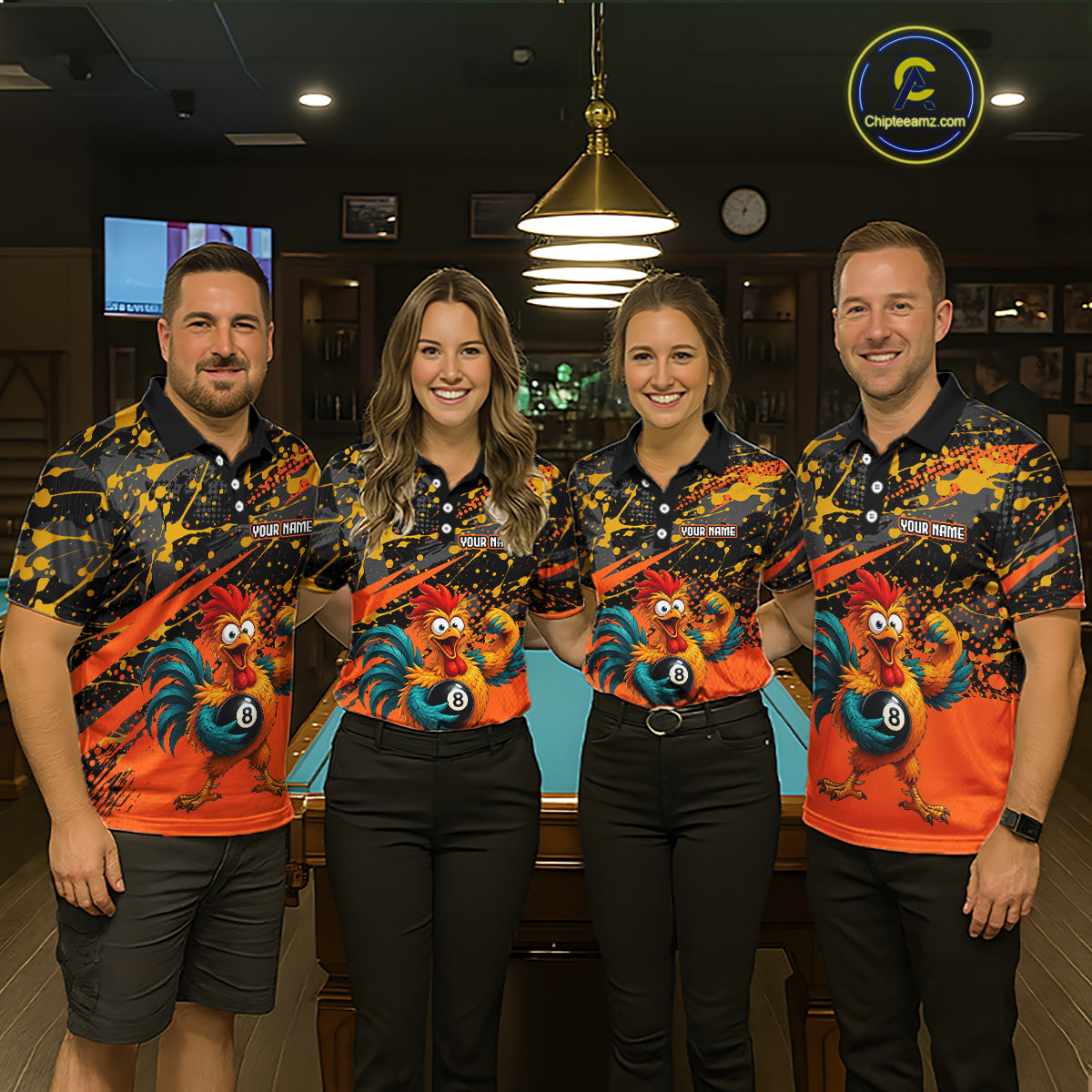 Custom Orange Funny Chicken Billiard Shirt, 8 Ball Pool Team Jersey for Men, Polo & 1/4 Zip BHT106