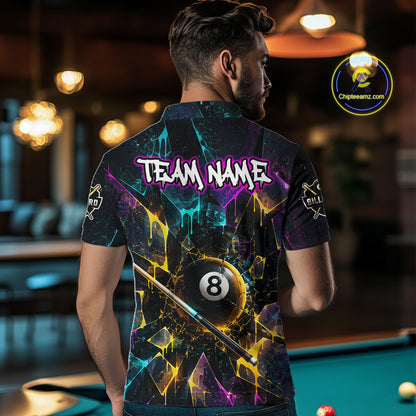 Back view of man wearing custom colorful shattered glass 8 ball billiard polo shirt in a billiard room showing personalized team name