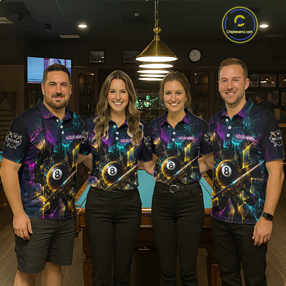 Front view of billiard team wearing matching custom colorful shattered glass 8 ball billiard polo shirts with personalized team name