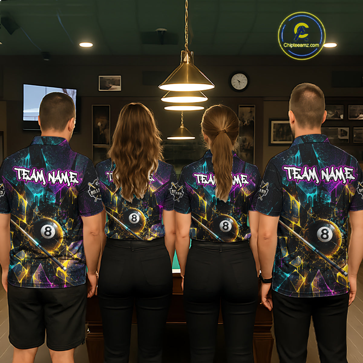 Back view of billiard team wearing matching custom colorful shattered glass 8 ball billiard polo shirts displaying personalized team name