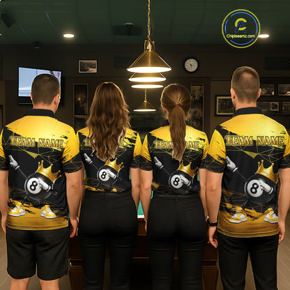 Front view of billiard team wearing matching custom black and gold geometric crown 8 ball billiard polo shirts with personalized team name
