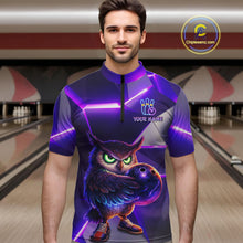 Load image into Gallery viewer, Personalized Purple Neon Owl Bowling Shirt for Men Bowling Jersey Gift for Bowler Polo &amp; 1/4-Zip QZT904