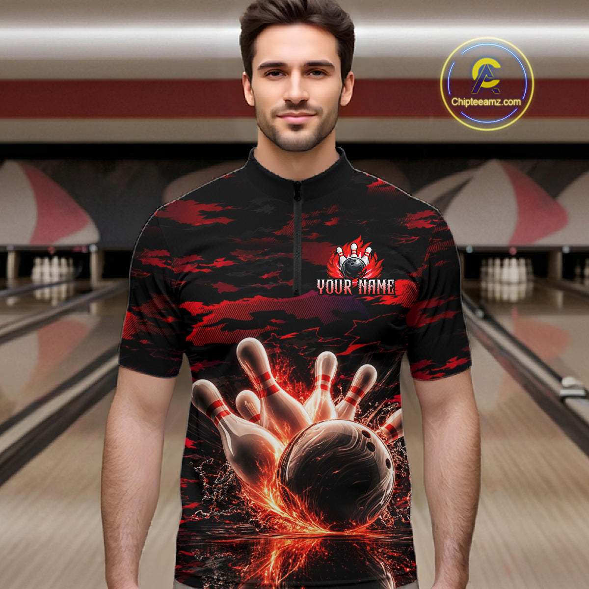 Flame Red Pattern Bowling Shirt for Men Bowling Team Jersey Polo & 1/4-Zip QZT1027