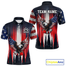 Load image into Gallery viewer, Polo shirt with American flag design and eagle graphics on a white background, featuring 'Chiptee Amz' branding.