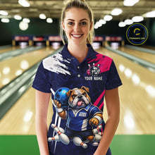 Load image into Gallery viewer, Personalized Funny Bulldog Bowling League Shirt Polo &amp; 1/4 Zip Navy Bowling Jersey for Women QZT910