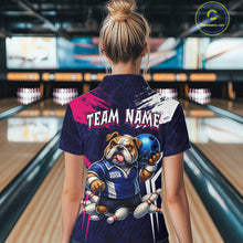 Load image into Gallery viewer, Personalized Funny Bulldog Bowling League Shirt Polo &amp; 1/4 Zip Navy Bowling Jersey for Women QZT910