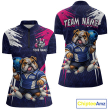 Load image into Gallery viewer, Personalized Funny Bulldog Bowling League Shirt Polo &amp; 1/4 Zip Navy Bowling Jersey for Women QZT910