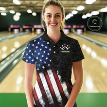 Load image into Gallery viewer, Woman wearing a custom bowling shirt with an American flag design in a bowling alley.