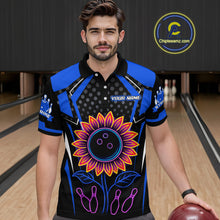 Load image into Gallery viewer, Blue Neon Lightning Sunflower Bowling Shirt for Men Custom Team Bowling Polo Bowling Jersey QZT771