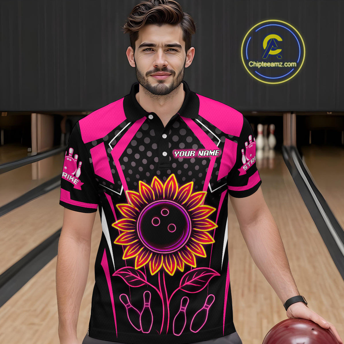 Pink Neon Lightning Sunflower Bowling Shirt for Men Custom Team Bowling Polo Bowling Jersey QZT771