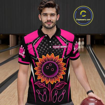 Pink Neon Lightning Sunflower Bowling Shirt for Men Custom Team Bowling Polo Bowling Jersey QZT771