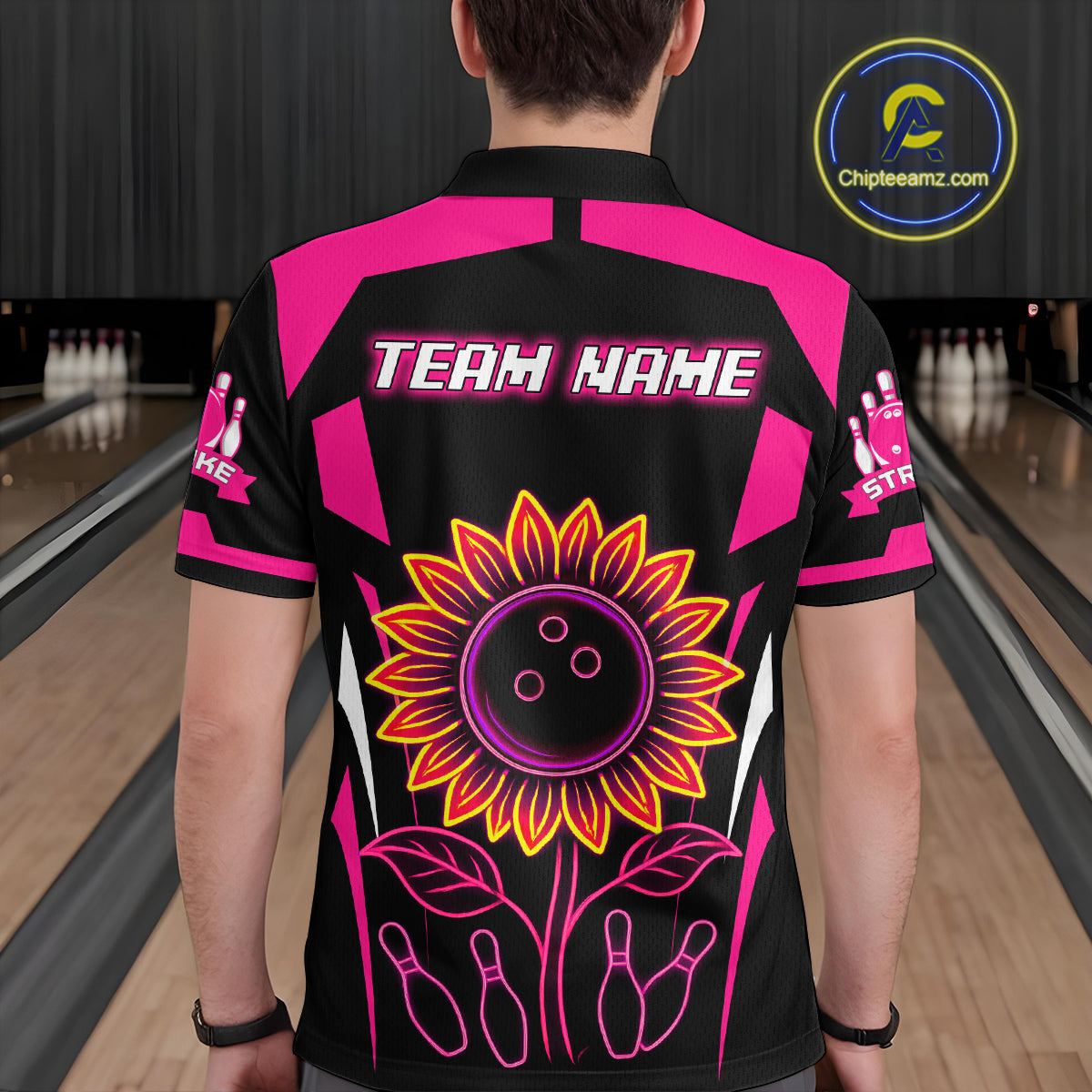 Pink Neon Lightning Sunflower Bowling Shirt for Men Custom Team Bowling Polo Bowling Jersey QZT771