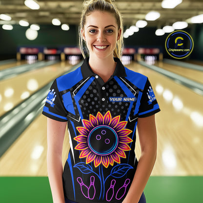 Blue Neon Lightning Sunflower Bowling Shirt for Women Custom Team Bowling Polo Bowling Jersey QZT771