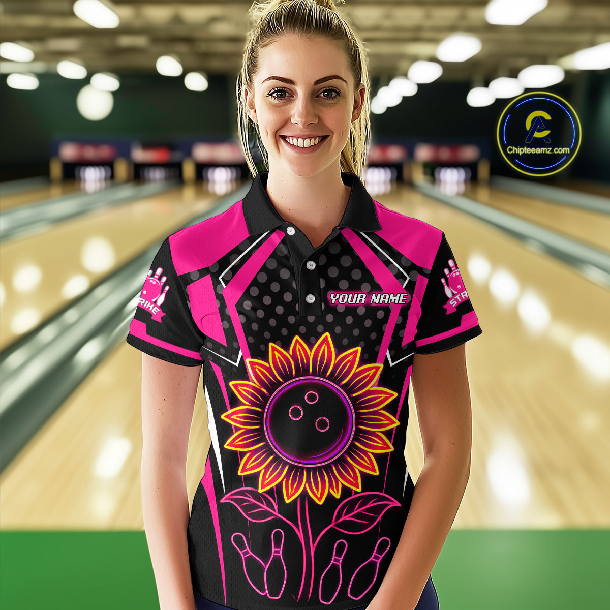Pink Neon Lightning Sunflower Bowling Shirt for Women Custom Team Bowling Polo Bowling Jersey QZT771