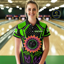 Load image into Gallery viewer, Green Neon Lightning Sunflower Bowling Shirt for Women Custom Team Bowling Polo Bowling Jersey QZT771