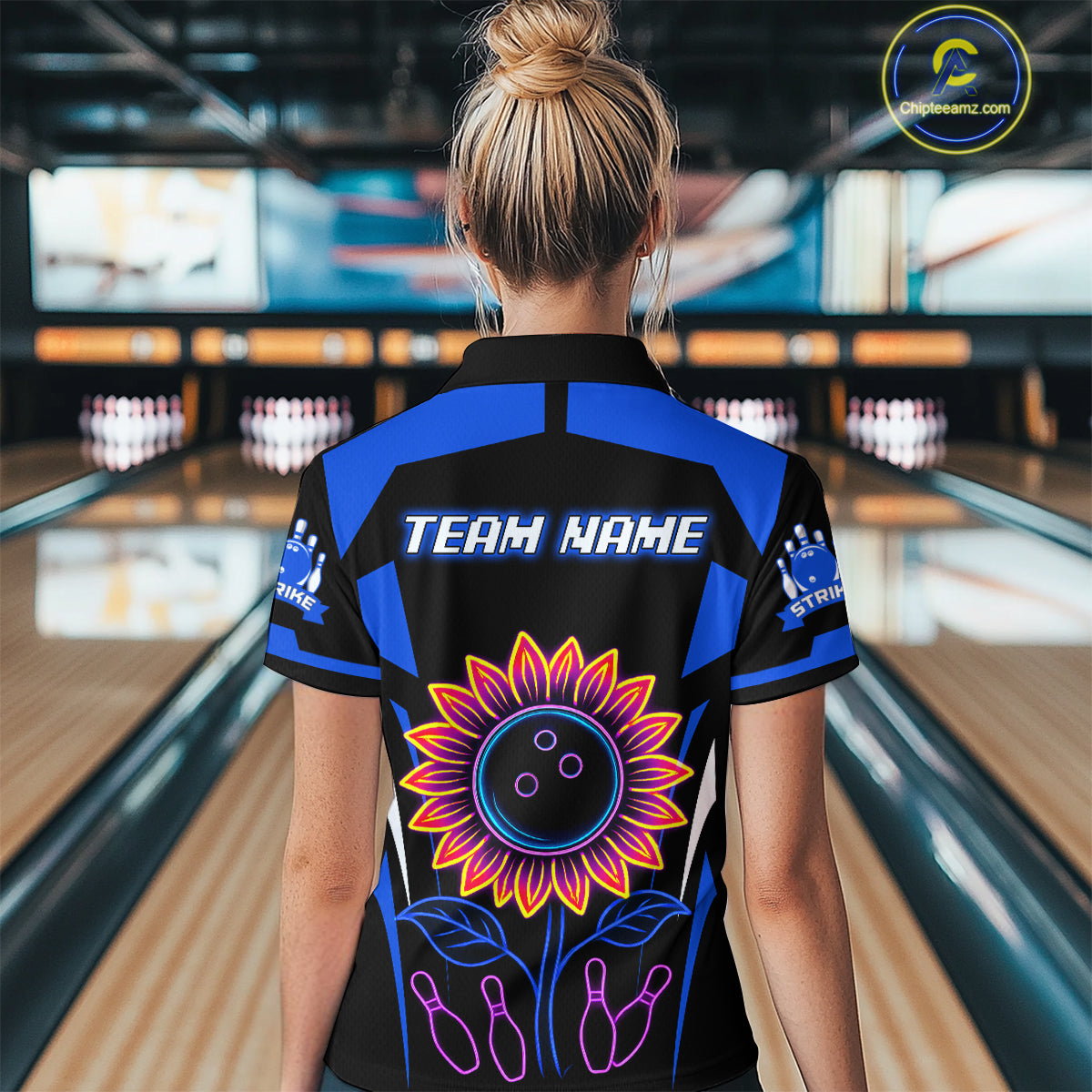Blue Neon Lightning Sunflower Bowling Shirt for Women Custom Team Bowling Polo Bowling Jersey QZT771