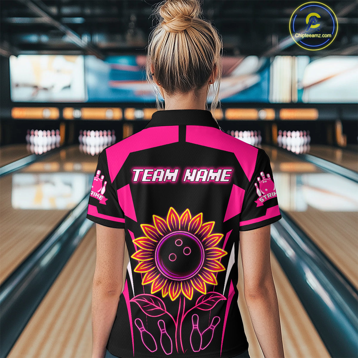 Pink Neon Lightning Sunflower Bowling Shirt for Women Custom Team Bowling Polo Bowling Jersey QZT771
