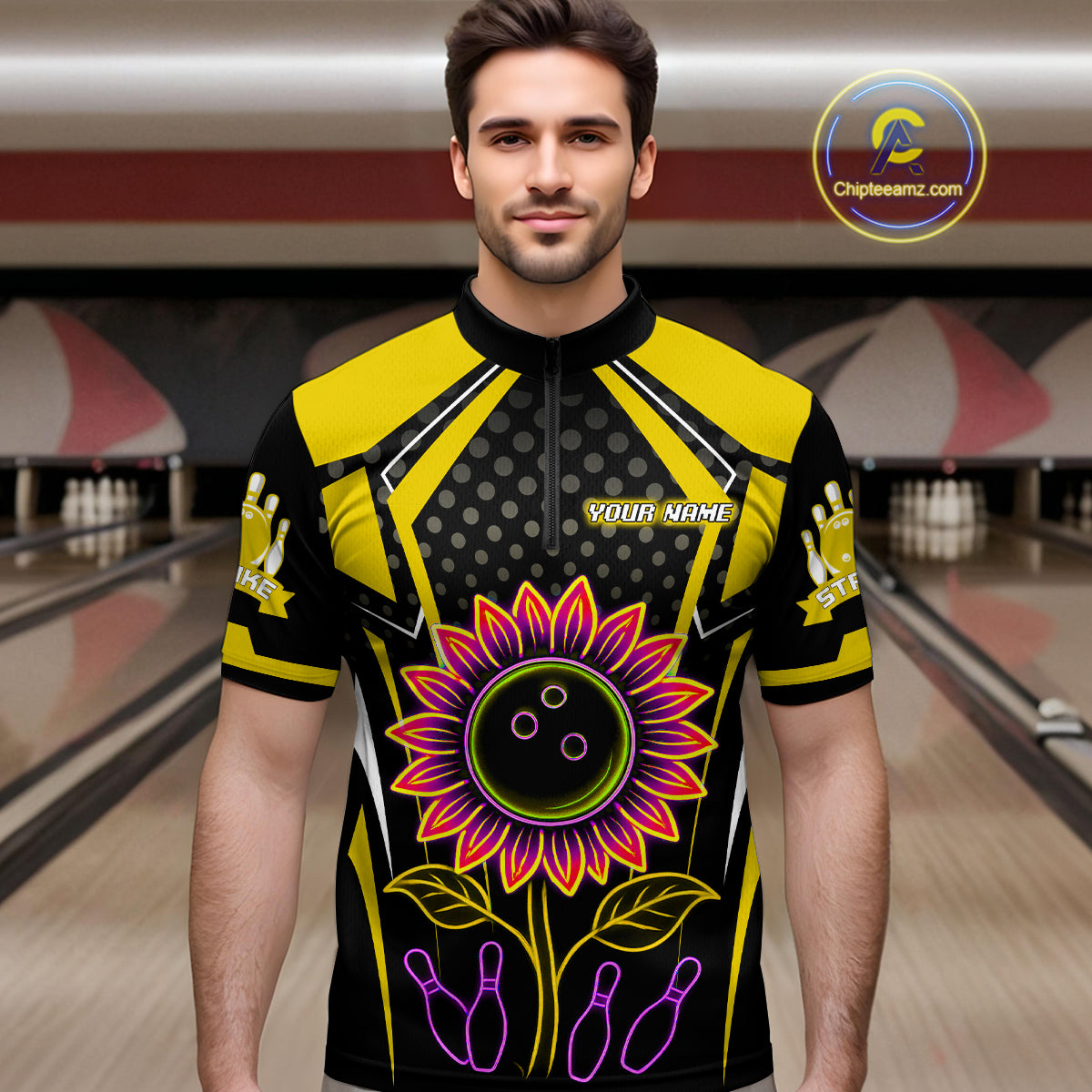 Yellow Neon Lightning Sunflower Bowling Shirt for Men Custom Team Bowling Jersey QZT771