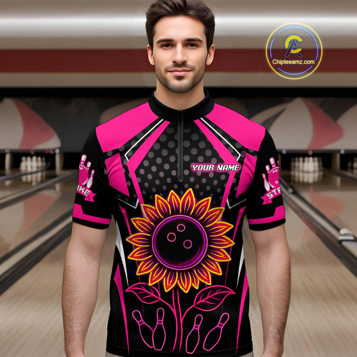 Pink Neon Lightning Sunflower Bowling Shirt for Men Custom Team Bowling Polo Bowling Jersey QZT771