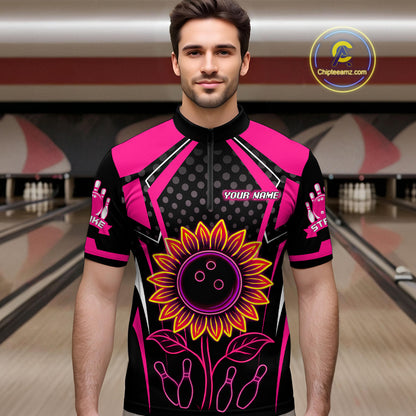 Pink Neon Lightning Sunflower Bowling Shirt for Men Custom Team Bowling Polo Bowling Jersey QZT771