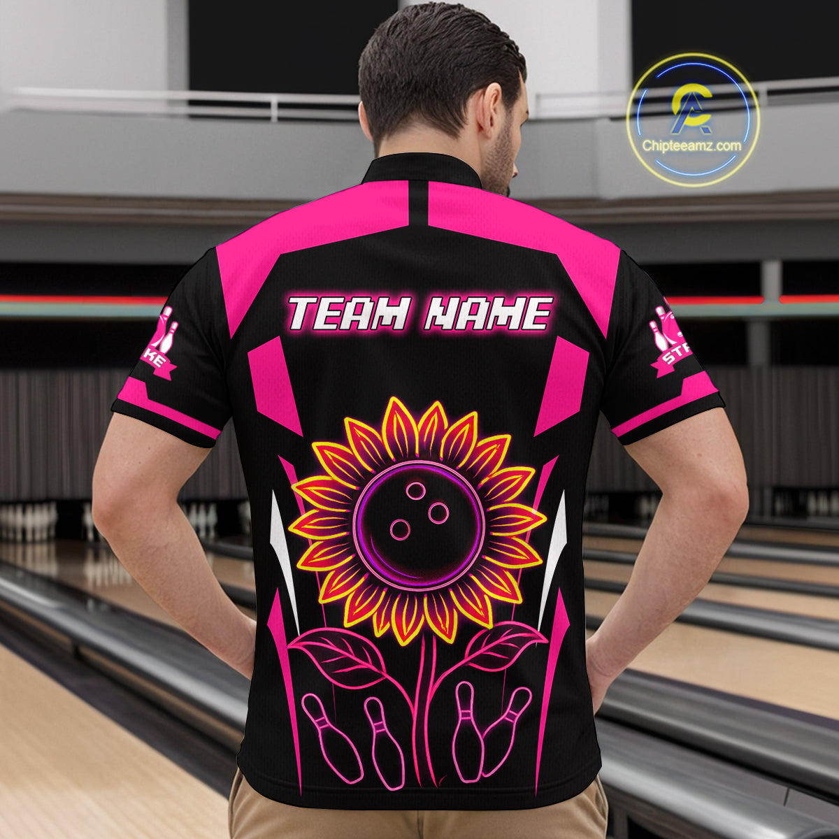 Pink Neon Lightning Sunflower Bowling Shirt for Men Custom Team Bowling Polo Bowling Jersey QZT771