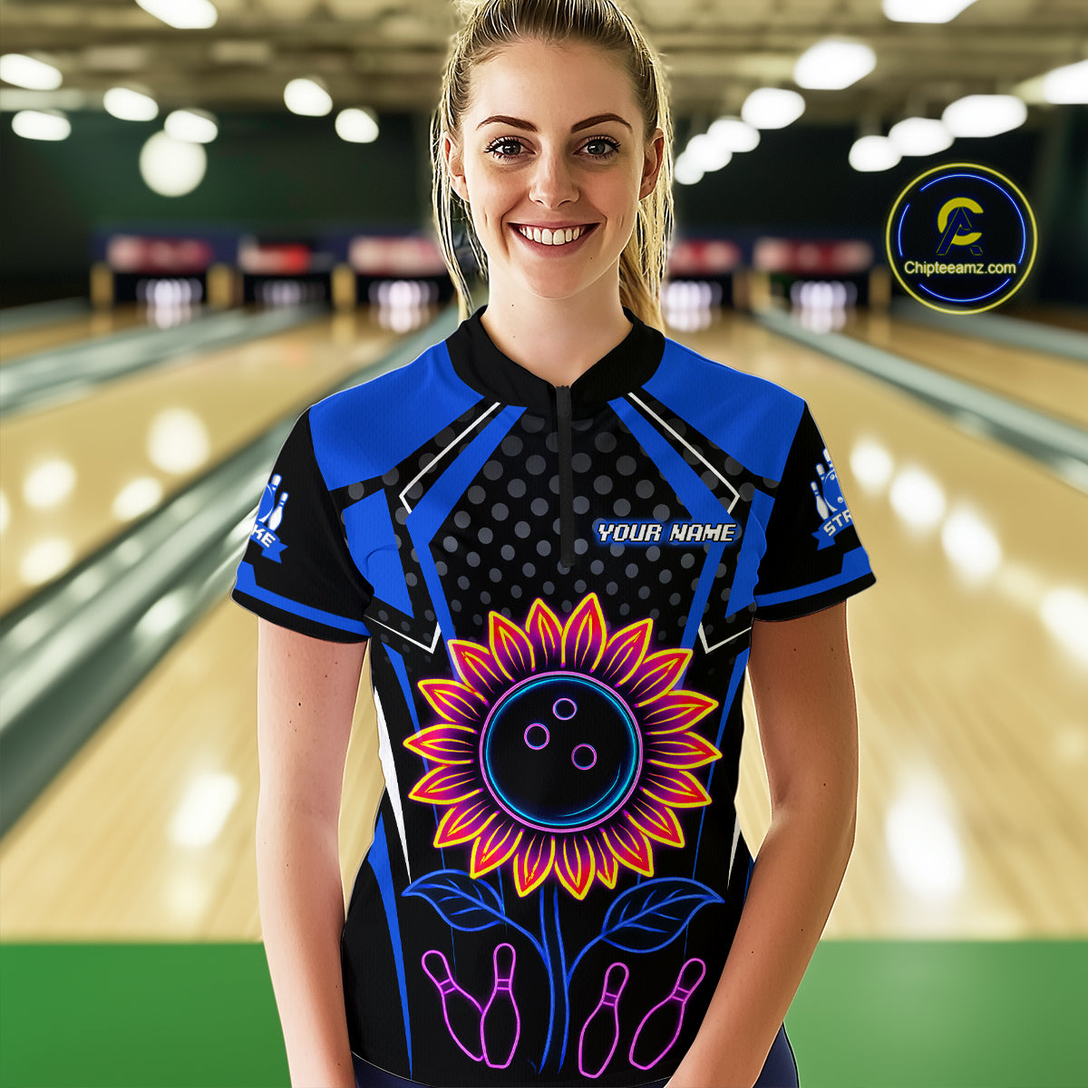 Blue Neon Lightning Sunflower Bowling Shirt for Women Custom Team Bowling Polo Bowling Jersey QZT771
