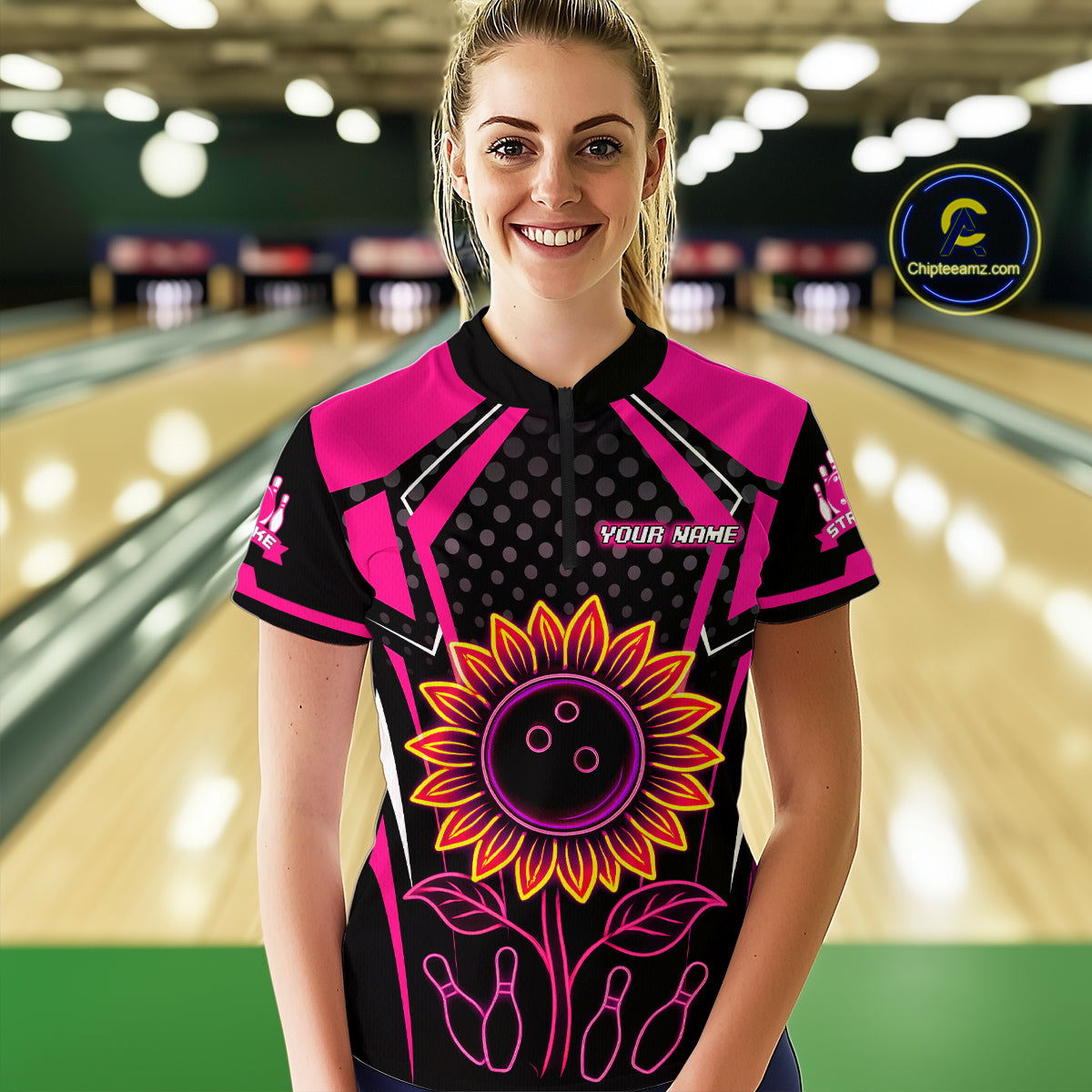 Pink Neon Lightning Sunflower Bowling Shirt for Women Custom Team Bowling Polo Bowling Jersey QZT771