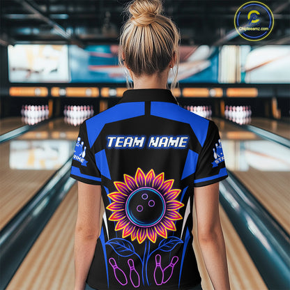 Blue Neon Lightning Sunflower Bowling Shirt for Women Custom Team Bowling Polo Bowling Jersey QZT771