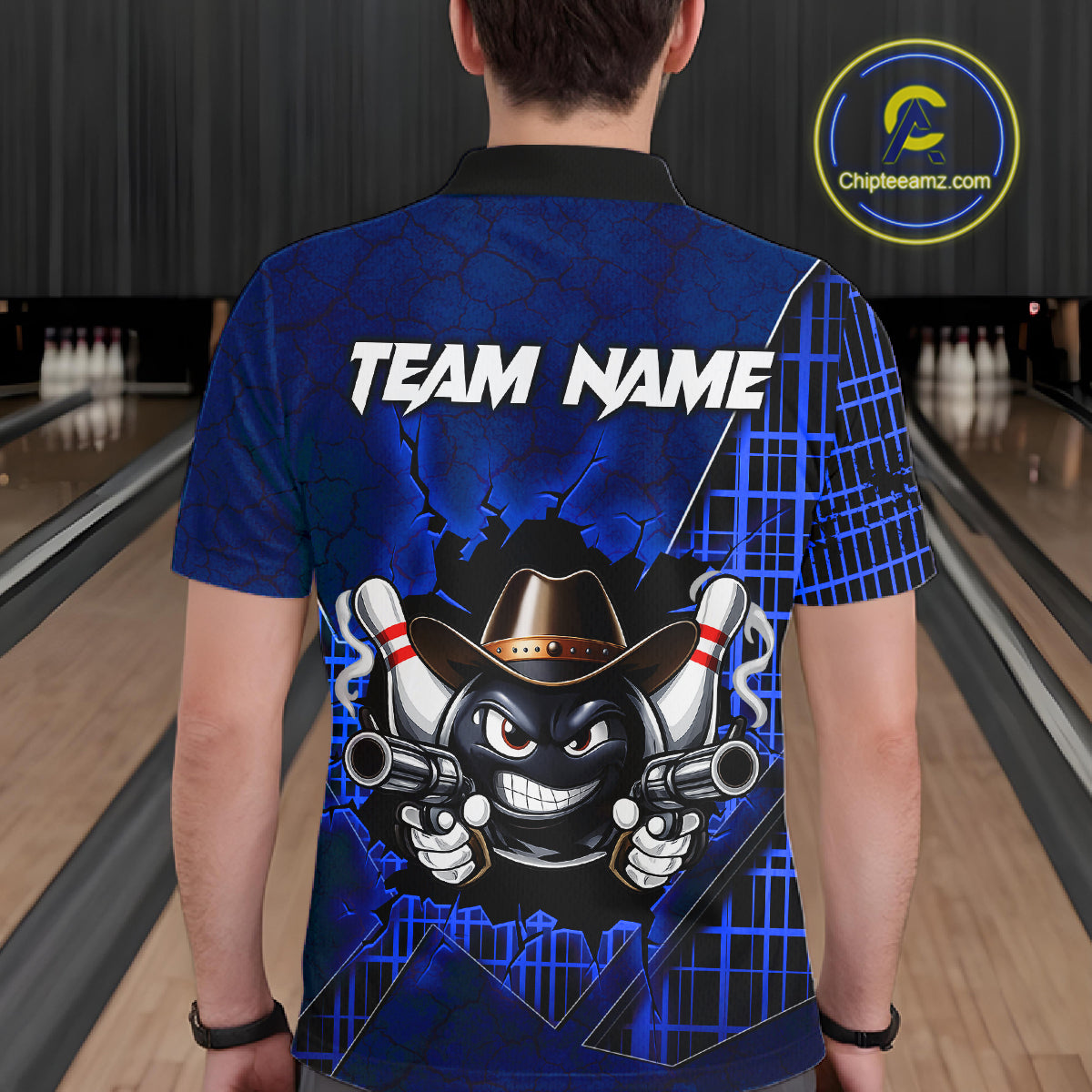 Custom Blue Funny Cowboy Gun Bowling Shirt for Men Bowling Team Jersey Bowling Polo & Quarter-Zip QZT915