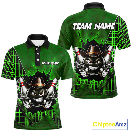 Custom Green Funny Cowboy Gun Bowling Shirt for Men Bowling Team Jersey Bowling Polo & Quarter-Zip QZT915