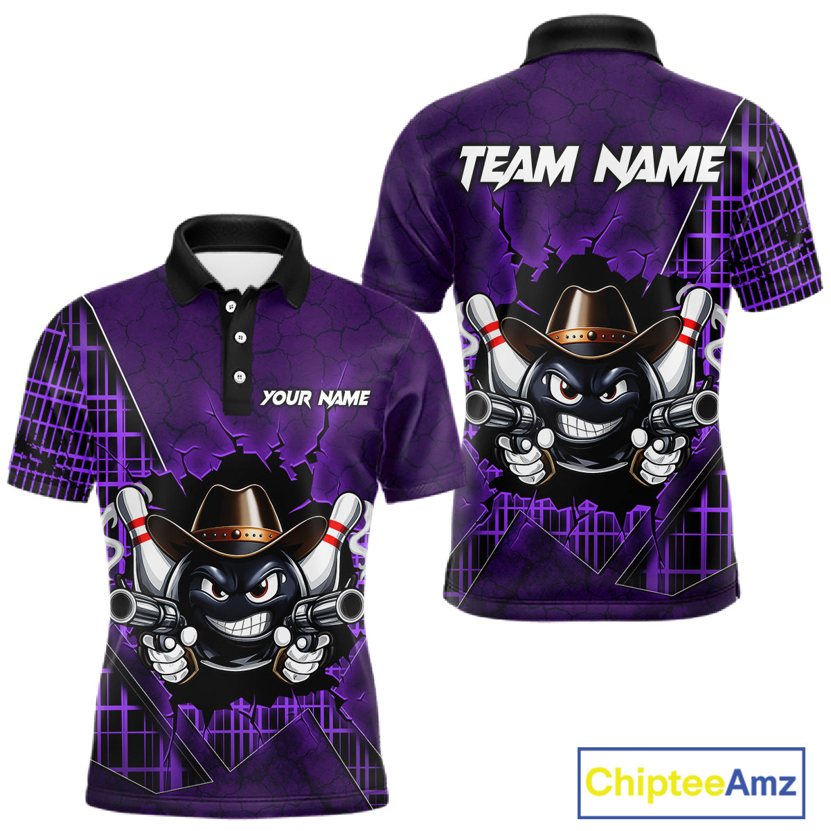 Custom Purple Funny Cowboy Gun Bowling Shirt for Men Bowling Team Jersey Bowling Polo & Quarter-Zip QZT915