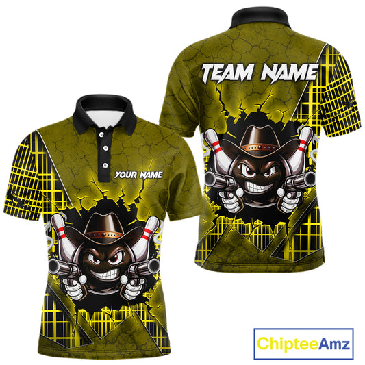 Custom Yellow Funny Cowboy Gun Bowling Shirt for Men Bowling Team Jersey Bowling Polo & Quarter-Zip QZT915