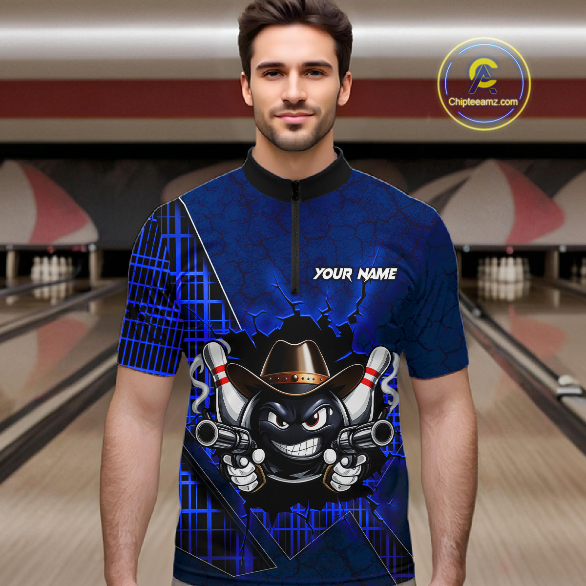 Custom Blue Funny Cowboy Gun Bowling Shirt for Men Bowling Team Jersey Bowling Polo & Quarter-Zip QZT915