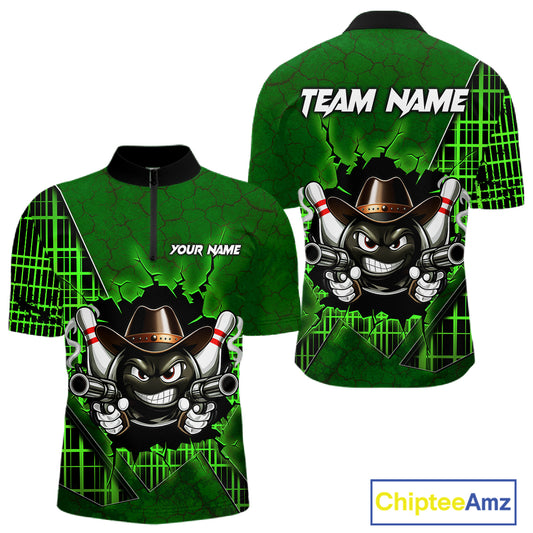Custom Green Funny Cowboy Gun Bowling Shirt for Men Bowling Team Jersey Bowling Polo & Quarter-Zip QZT915