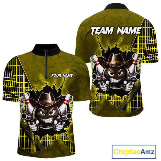 Custom Yellow Funny Cowboy Gun Bowling Shirt for Men Bowling Team Jersey Bowling Polo & Quarter-Zip QZT915