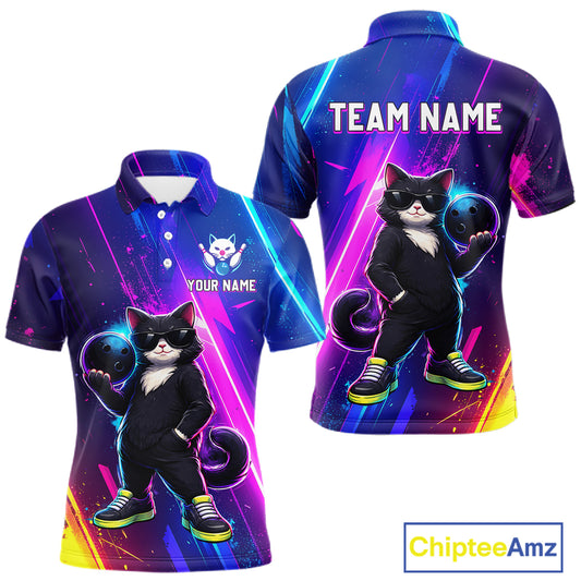 Personalized Neon Funny Cat Bowling Team Shirt for Men Bowling League Jersey Polo & Quarter-Zip Bowling Outfit QZT916