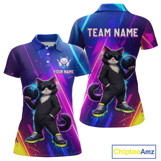 Personalized Neon Funny Cat Bowling Team Shirt for Women Bowling League Jersey Polo & Quarter-Zip Bowling Outfit QZT916